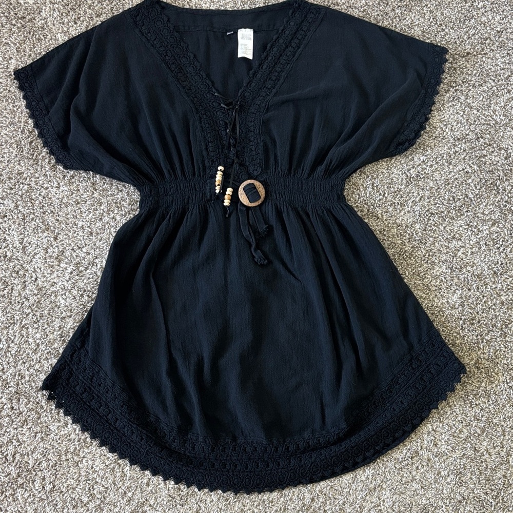 Boho Cover up Black Tunic Crochet-Trim Dress Size XL 100% Cotton